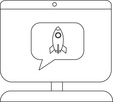 A computer displays a rocket inside a speech bubble on its screen vector
