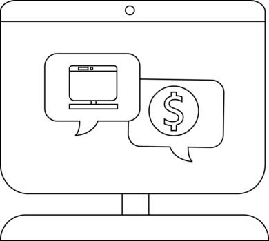 Computer monitor displays a screen with chat bubbles one with a monitor icon and another with a dollar sign inside vector