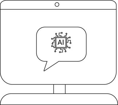 A desktop computer has a speech bubble that contains an AI microchip inside of it vector