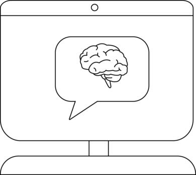 A computer monitor displays a speech bubble containing an image of a brain vector
