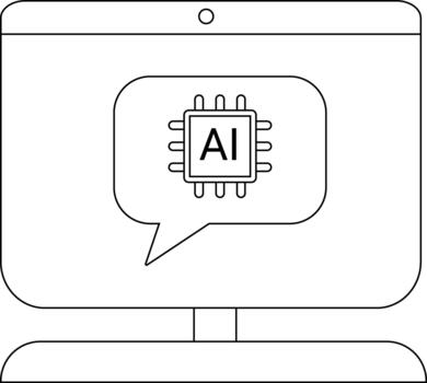A computer screen displays a speech bubble containing an AI chip depicted in black and white vector