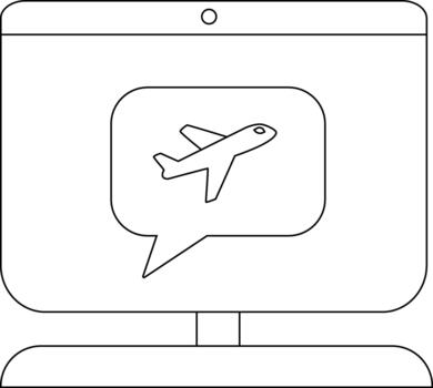 A computer screen displays an airplane icon within a speech bubble central on the monitor vector