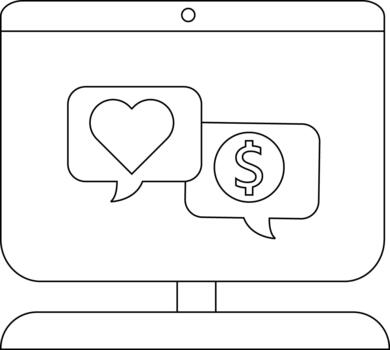 A monitor displays a heart dollar sign in speech bubbles The screen is on a stand vector