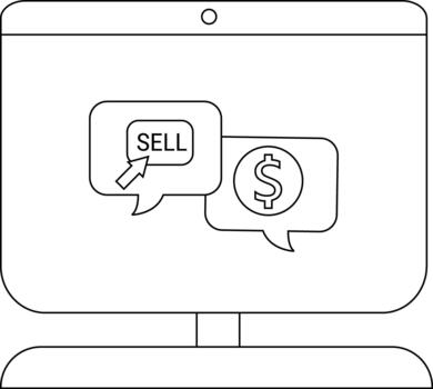 A desktop monitor displaying overlapping speech bubbles SELL with an arrow and a dollar sign vector