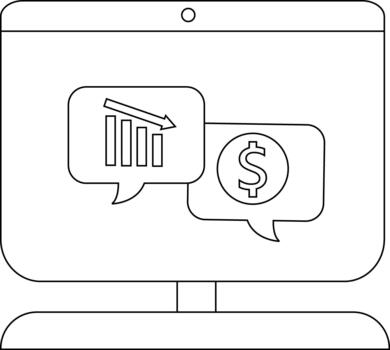 A computer monitor displays a downward trend chart and a dollar sign inside speech bubbles vector