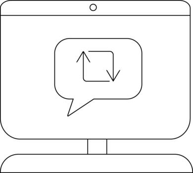 A desktop computer displays a message bubble with a square and two arrows inside vector