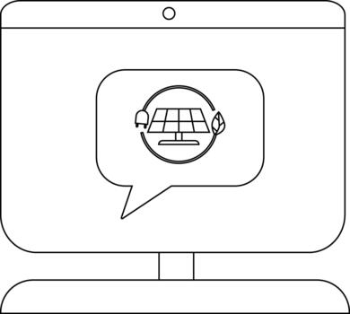 A computer monitor shows a speech bubble with a solar panel plug and leaf inside a circle vector