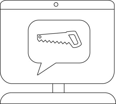 A computer screen displays a saw inside a speech bubble vector