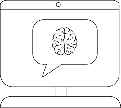 A computer monitor displays a brain in a speech bubble on its screen vector