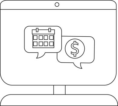 un escritorio monitor muestra un calendario y dólar firmar en habla burbujas vector