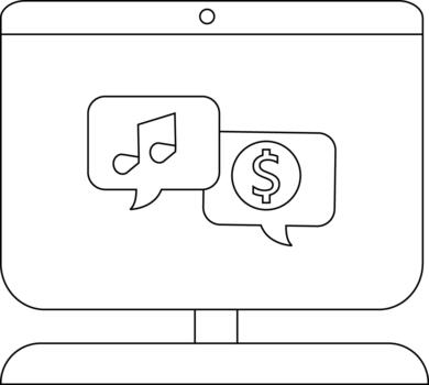 A computer monitor displays two speech bubbles one with a musical note and the other with a dollar sign inside vector