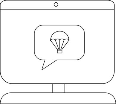 A computer monitor displays a chat bubble with a parachute symbol inside vector