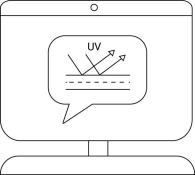 A computer monitor displays a speech bubble with a UV ray diagram vector