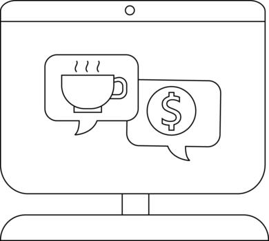 A computer monitor shows a coffee cup and a dollar sign in speech bubbles on the screen vector