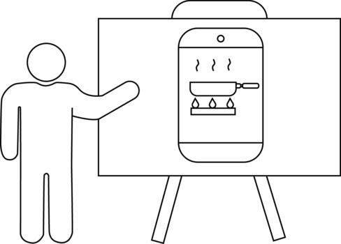 Presentation with a stick figure gesturing towards a whiteboard with an illustration of cooking vector