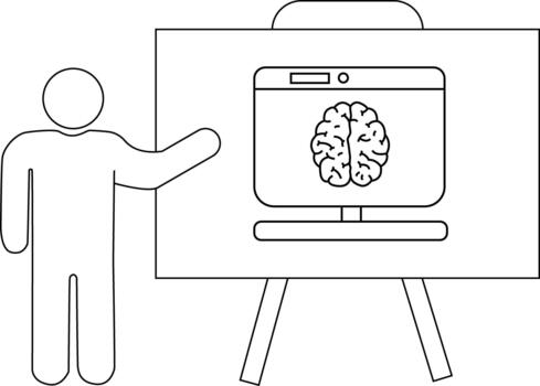Stick figure presents a brain on a monitor atop a stand bold simple lines vector