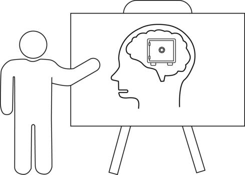 Man presents a brain with a safe inside depicted on an easel vector
