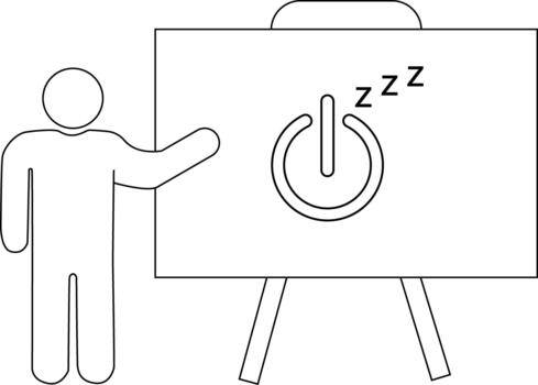 Figure beside whiteboard with sleeping power button vector
