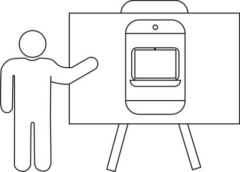 Outline of a stick figure presenting a laptop within a smartphone on an easel vector