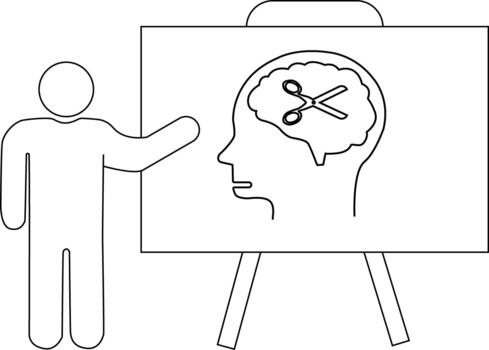 A stick figure points to a brain drawing with scissors on an easel vector