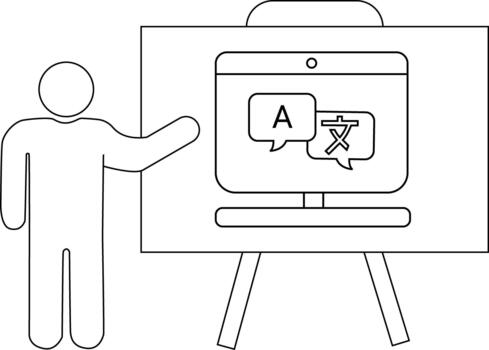 Line art shows a person presenting a monitor with language translation icons on a whiteboard stand vector