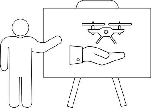 A simple line drawing shows a person presenting a drone atop a hand on a stand vector
