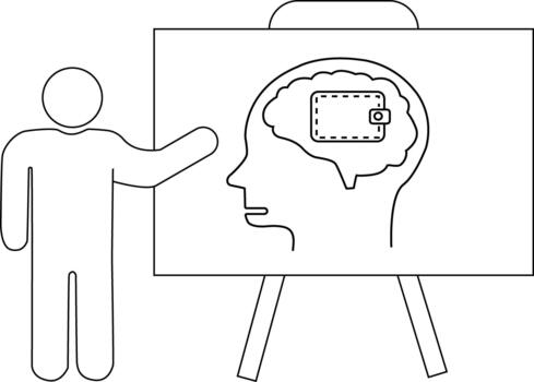 A whiteboard displays a profile with a brain containing a wallet Stick figure stands beside it vector