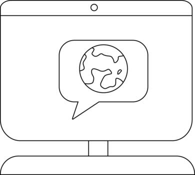 A monitor shows a globe within a speech bubble vector