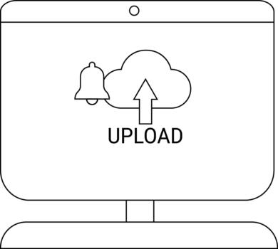 Monitor displays an upload icon with a cloud arrow bell and the word UPLOAD vector
