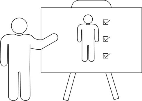A person gestures towards a chart with another persons outline and check marks on it vector