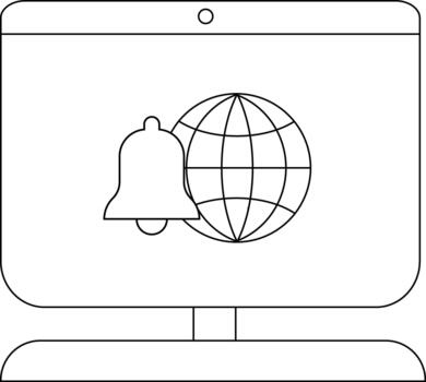 A computer monitor displays a globe and a notification bell icon on its screen vector