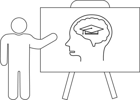 Figure points to a presentation board showing a head silhouette with a brain and graduation cap vector
