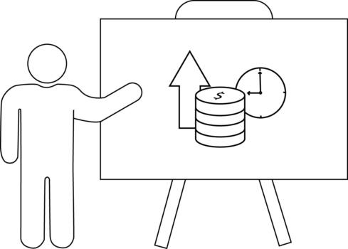 A stick figure presents a graph with money a clock and an arrow on an easel vector