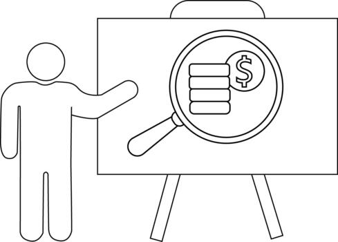 Person points to easel display of stacked coins under magnifying glass vector