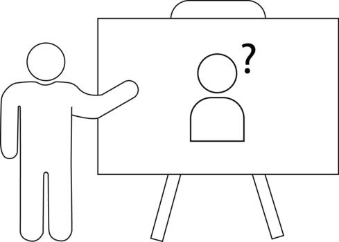 A stick figure presents a drawing of another stick figure marked with a question mark on an easel vector
