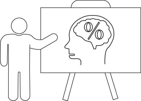 Line art A person stands by an easel displaying a head with symbols in its brain vector