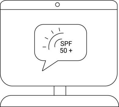 Computer monitor displaying a speech bubble with SPF 50 and a sun symbol inside vector