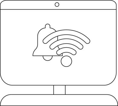 A monitor displays a notification bell wifi signal Its a clear simplified line drawing vector