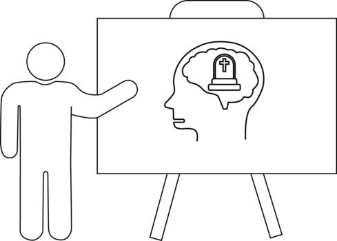 A person points to a whiteboard showing a head with a tombstone in the brain vector