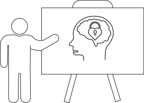 Line drawing figure presenting a mental state on a whiteboard with a brain heartshaped lock vector