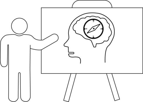A person pointing at a whiteboard displaying a head profile with a compass inside the brain outline vector