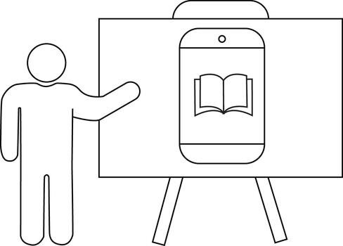figura gesticulando a pizarron con móvil icono presentando abierto libro símbolo vector