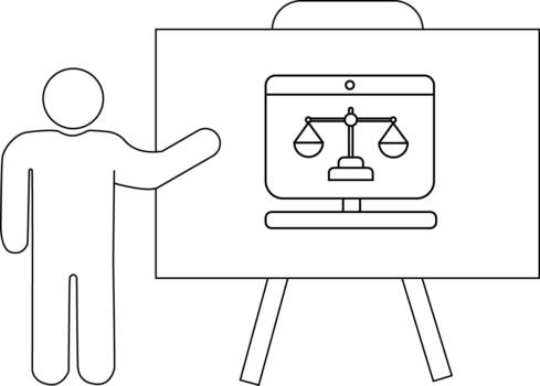 Presentation board with figure pointing to monitor displaying scales of justice vector