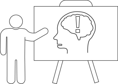 Figure points to a whiteboard with a head and brain drawing marked by an exclamation point vector