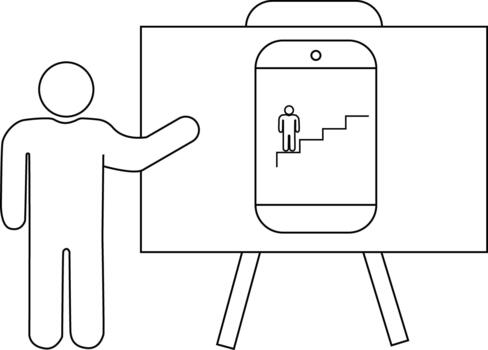 A figure presents a phone display showing a person climbing stairs on a whiteboard supported by an easel vector