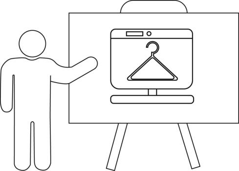 A person stands beside a whiteboard displaying a computer monitor with a clothes hanger on the screen vector