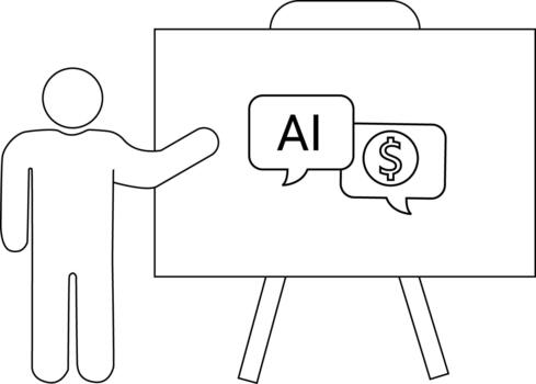 figura gesticulando a tablero demostración ai y un dólar firmar habla burbujas en un presentación estar vector