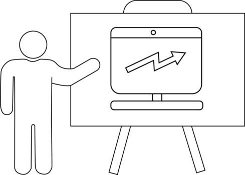 A person gesturing to a presentation board with a rising graph displayed on a monitor outline vector