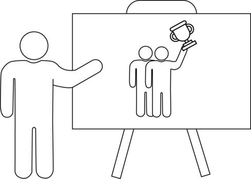 Outline of a presenter pointing to a whiteboard showing two figures and a trophy vector