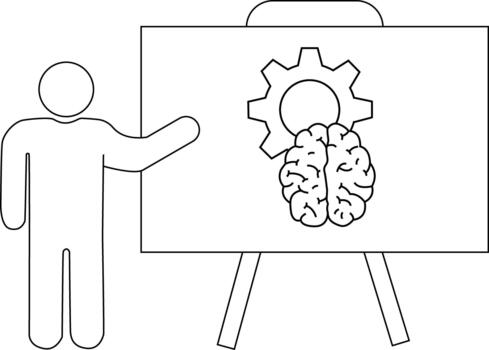 A figure points to a board with a brain and gear depicted on it vector
